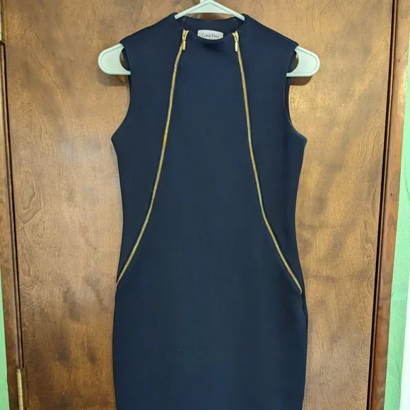 calvin klein blue dress gold zipper Calvin Klein Lace-Up V-Neck Zipper Sleeve Dress Black Gold Detailing S main image 1